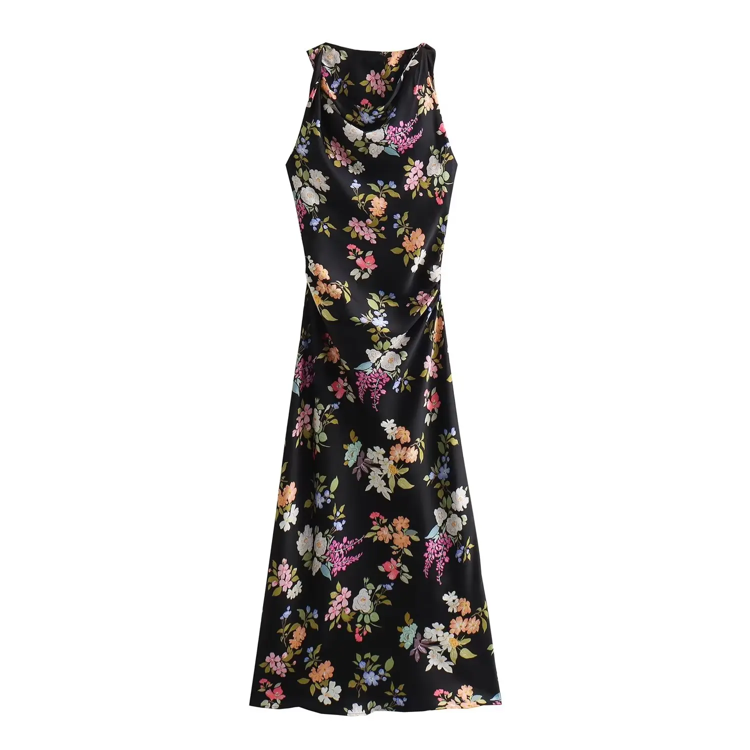 

Women 2023 New Fashion Pleated neckline Flower print Satin texture Slim Midi Dress Vintage Sleeveless Female Dresses robe Mujer