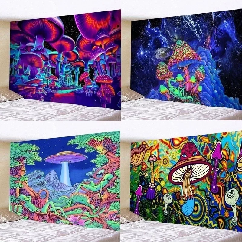

Print Mushroom Tapestry Illusory Art Tapestry Hippie Colorful Art Tapiz Wall Hanging Tapestries Household Bedside Decoration