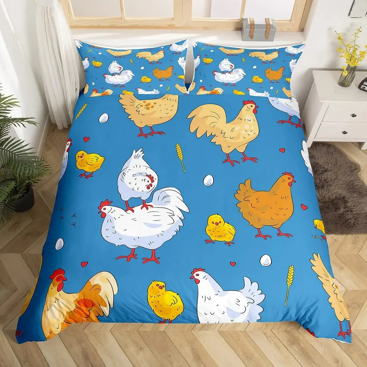 Cute Chicken Duvet Cover King Queen Colorful Rooster Bedding Set Farm Animal Comforter Funny Rustic Farmhouse Quilt
