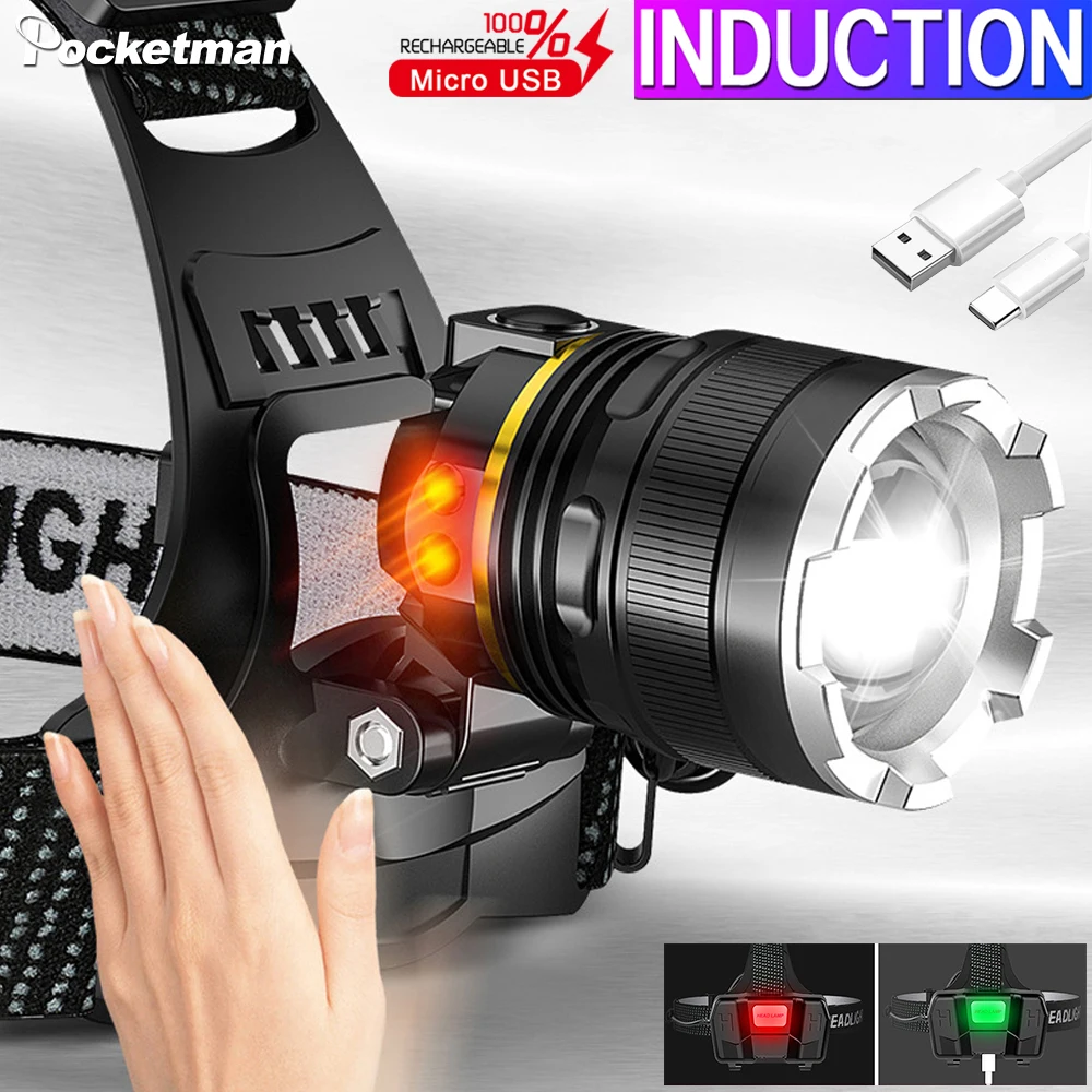 

Индукционный светодиодный налобный фонарь с датчиком и USB-зарядкой, водонепроницаемый налобный фонарь с регулировкой на 90 °, мощный налобны...