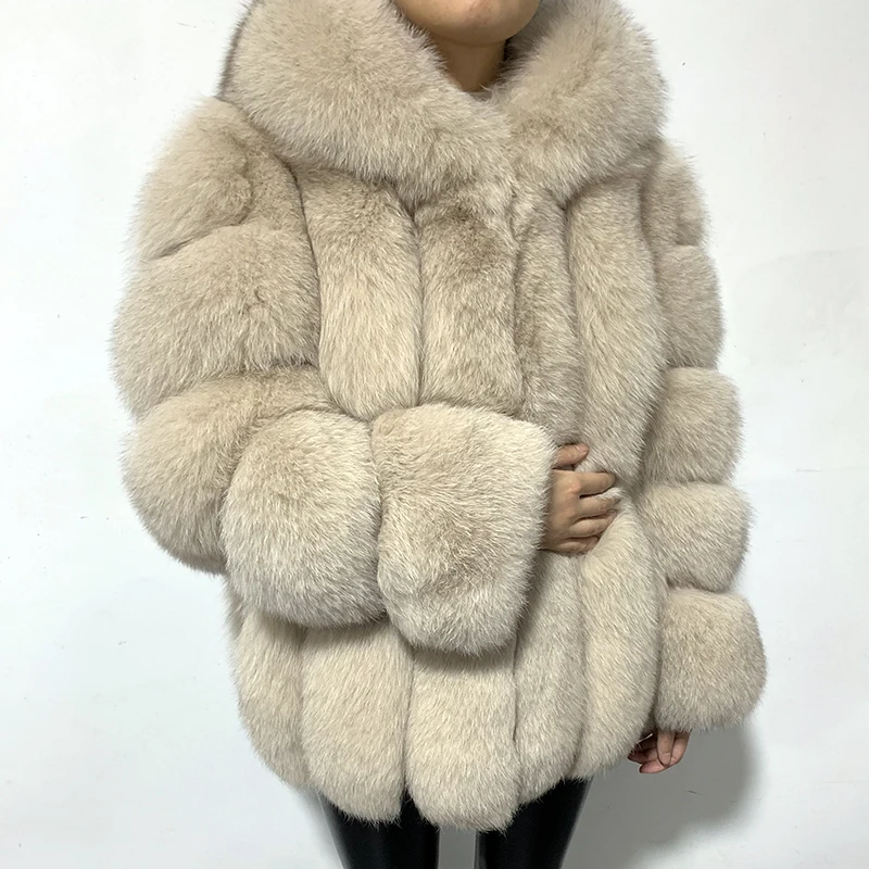 Women's Fashion Fox Fur Coat With Big Hood Super Warm Genuine Leather Ladies Real Fur Warm Thick  Temperament Jacket For Winter
