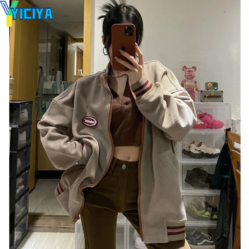 

Женская куртка-бомбер YICIYA, куртка на молнии с длинным рукавом, бейсбольная куртка Американского университета, Женское пальто, зима 2022, винта...