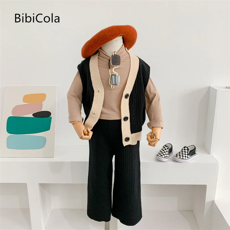 

Autumn 2022 New Children's Wear Girls' Sweater Set waistcoat cardigan+wide leg pants 2-piece suit 2-6 years old fashion sets