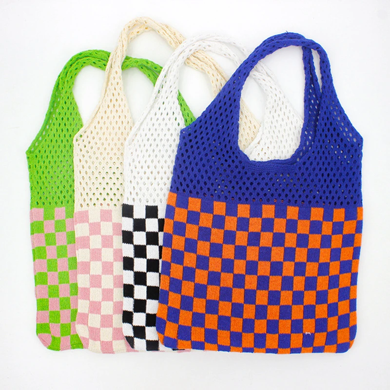 

Female 90s Fashion Checker Plaid Crochet Eyelet High Capacity Shopping Pouch Bag Women Vintage Portable Reusable Shopper Bag