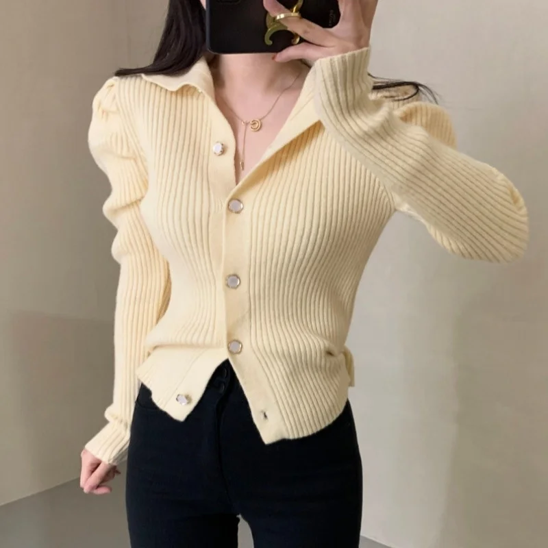 Bubble Sleeve Short Sweater Korean Chic Spring Simple Advanced Green Lapel Knitted Cardigan Single Breasted Womenshesam-B Nuyoah |