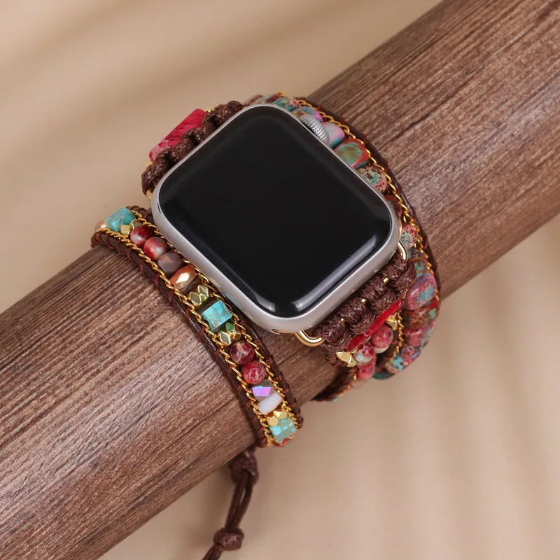 

Creative Natural Stone Beads Bracelet for Apple Watchbands Bohemia Multi Wrap Handmade Woven Leather Rope Watch Strap Wristband