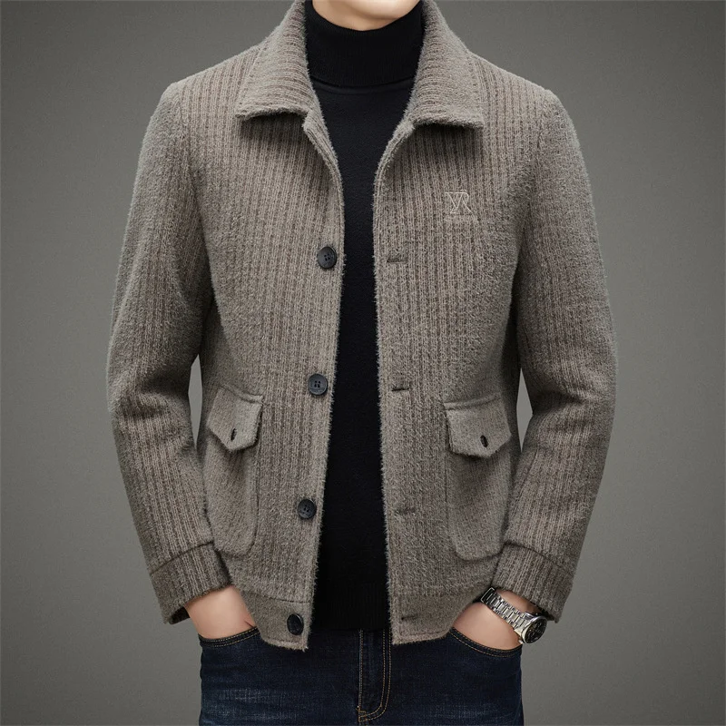 

aged and elderly Middle lapel ferret coat single breasted woolen thick daddy casual winter jacket