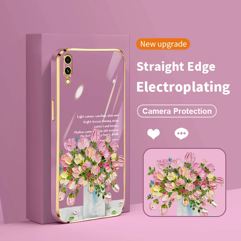 

New Square Little Fresh Girl and Bouquet Electroplating Case for Xiaomi Redmi 7 8 8A 9 9A 9AT 9i 9C NFC 10A 9 Prime Poco M2 C31