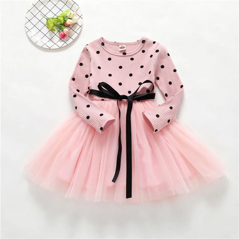 

MERI AMMI Children Clothing Dots Sash Long Sleeve Lace Layer TuTu Party Dress For 2-8 Year Girl