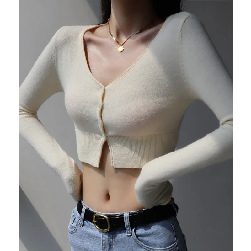 

TVVOVVIN, новинка 2022, сексуальная короткая футболка с V-образным вырезом и высокой талией, Женский однотонный тонкий топ с длинными рукавами в ст...