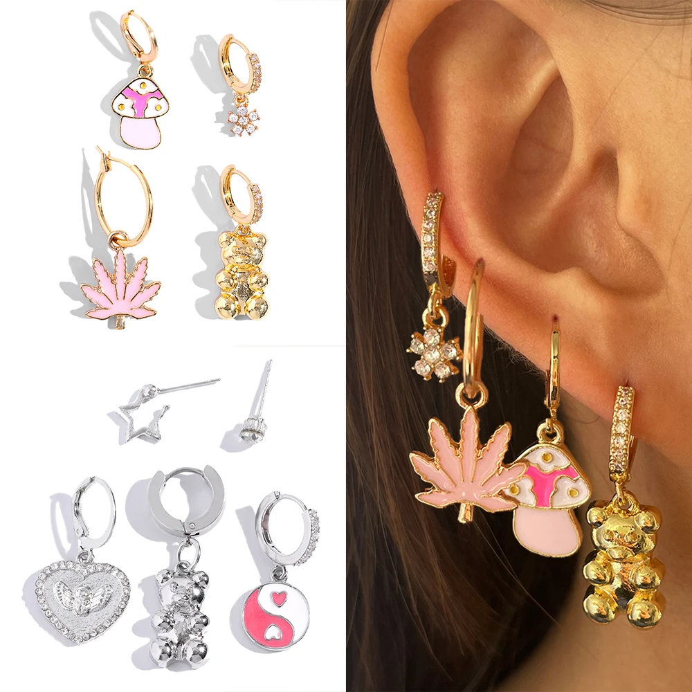 

Korean Fashion Gold Silver Color Cartoon Metal Bear CZ Hoop Earrings Set For Women Cute Mushroom Dripping Oil Earrings Jewelry