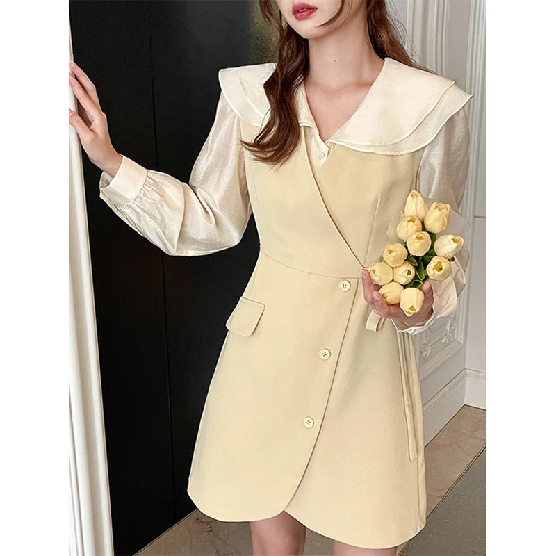 Elegant 2 Piece Dress Women Peter Pan Collar Full Sleeve Slim Dresses Women 2022 Spring Korean Fashion Sweet Dress Female Y908