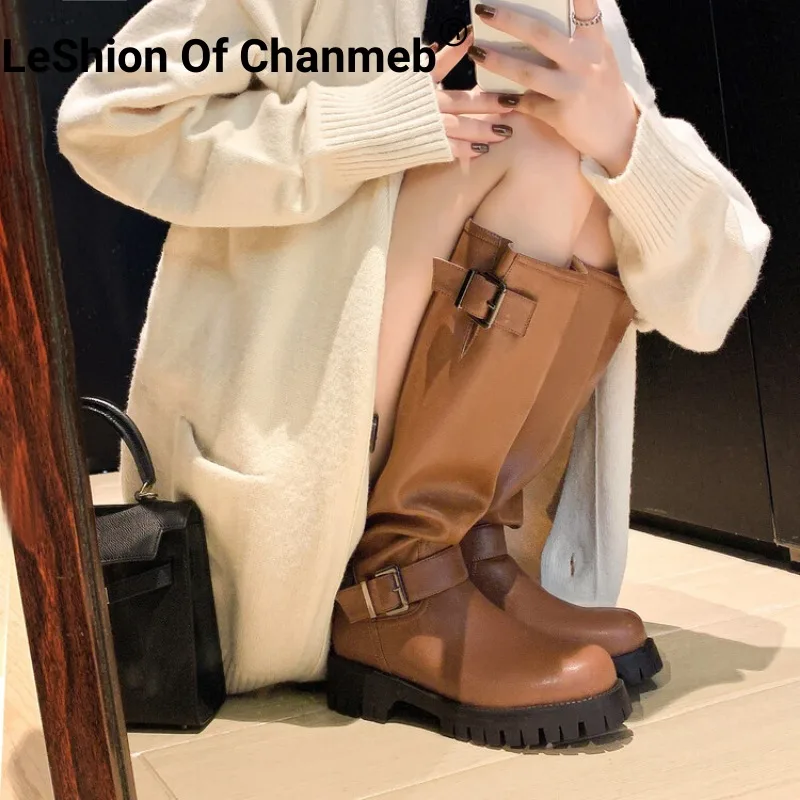 

LeShion Of Chanmeb Real Leather Motorcycle Knee Boots for Women Square Heels Belt Buckle Boots Slip-on Woman Shoes Autumn Winter