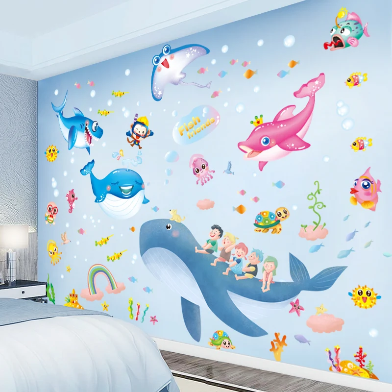 

[shijuekongjian] Whales Animal Wall Stickers DIY Cartoon Fish Mural Decals for Kids Rooms Baby Bedroom Nursery House Decoration