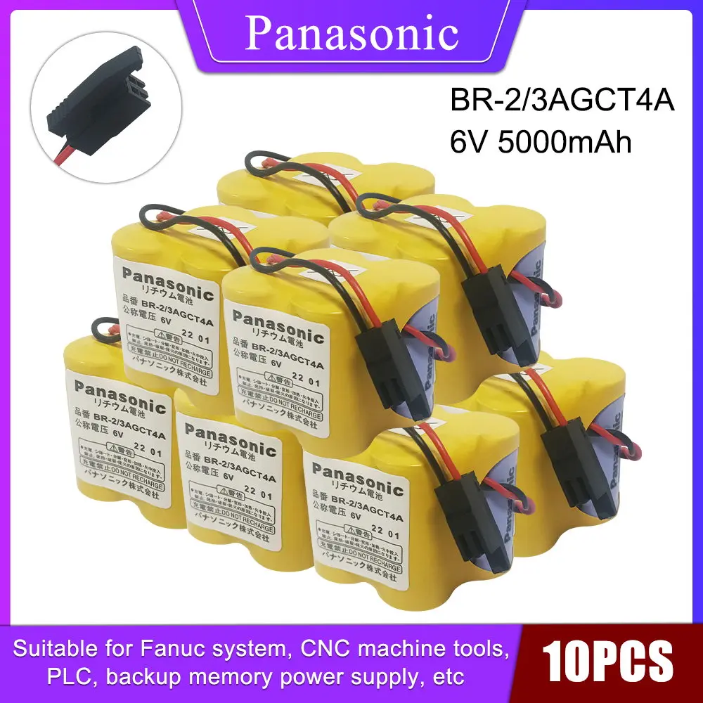 10PCS Panasonic New 6V Li-ion 5000mAh Replacement Battery For FANUC BR-2/3AGCT4A PLC CNC Acumulator 2 Wire Plug