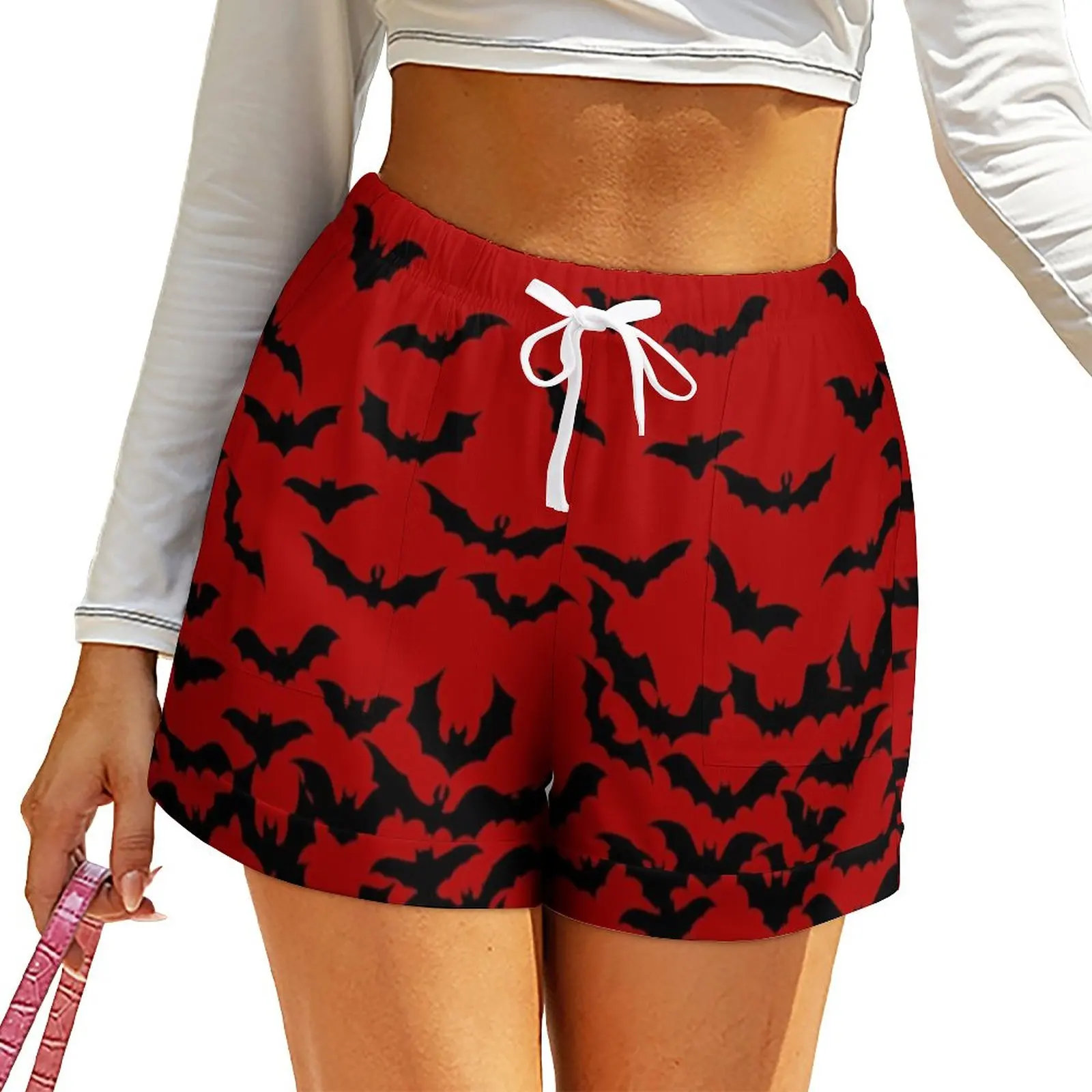 

Just Bats Red Shorts Spooky Halloween Oversized Streetwear Shorts High Waisted Modern Short Pants Women Graphic Pockets Bottoms