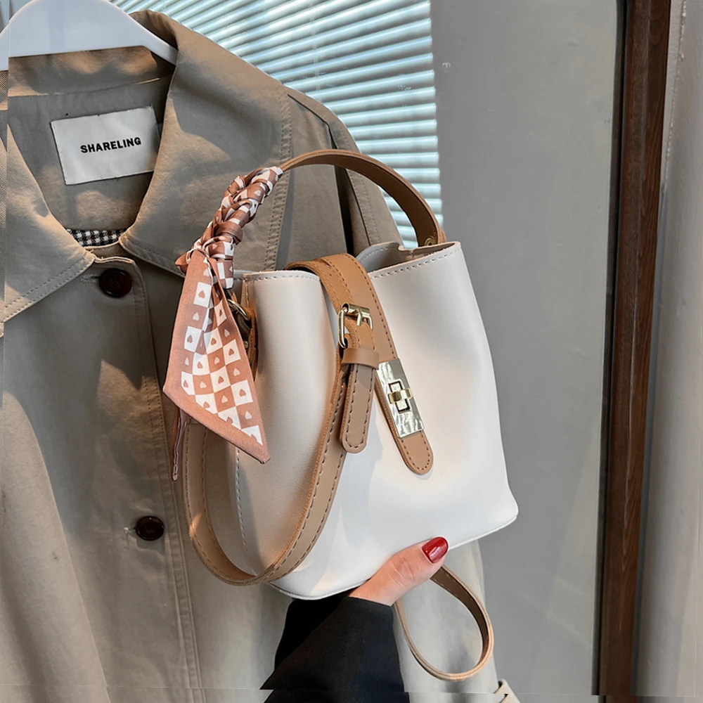 

Trendy Scarf Bucket Small Tote Handbags For Women New 2022 Fashion Short Handle Twist Lock Design Ladies Shoulder Crossbody Bags