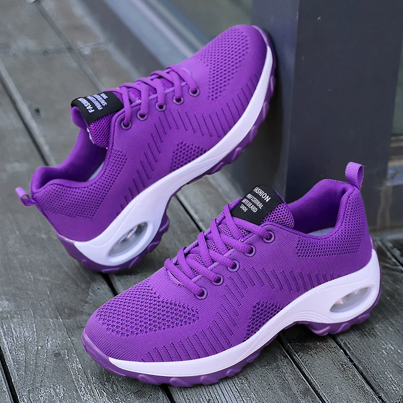 

Flying Woven Air Cushion Women's Shoes Solid Color Thick Sole Lightweight Front Lace Up Round Toe Mesh Sports Casual Shoes