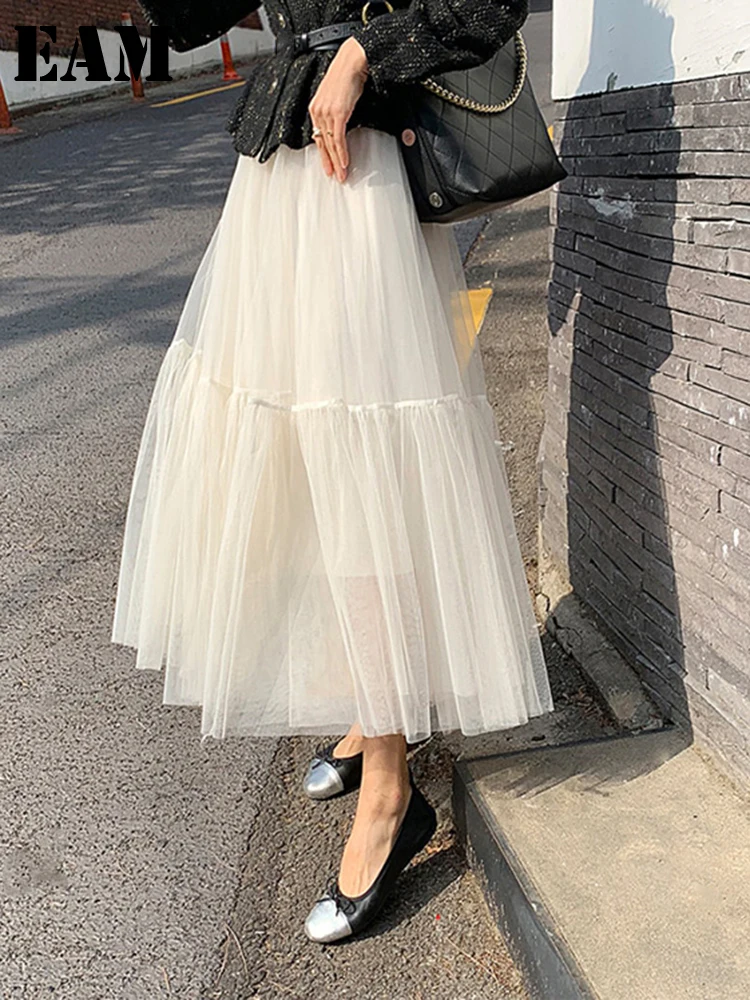 

[EAM] High Elastic Waist White Mesh Long Layers Elegant Half-body Skirt Women Fashion Tide New Spring Autumn 2022 1DE9625