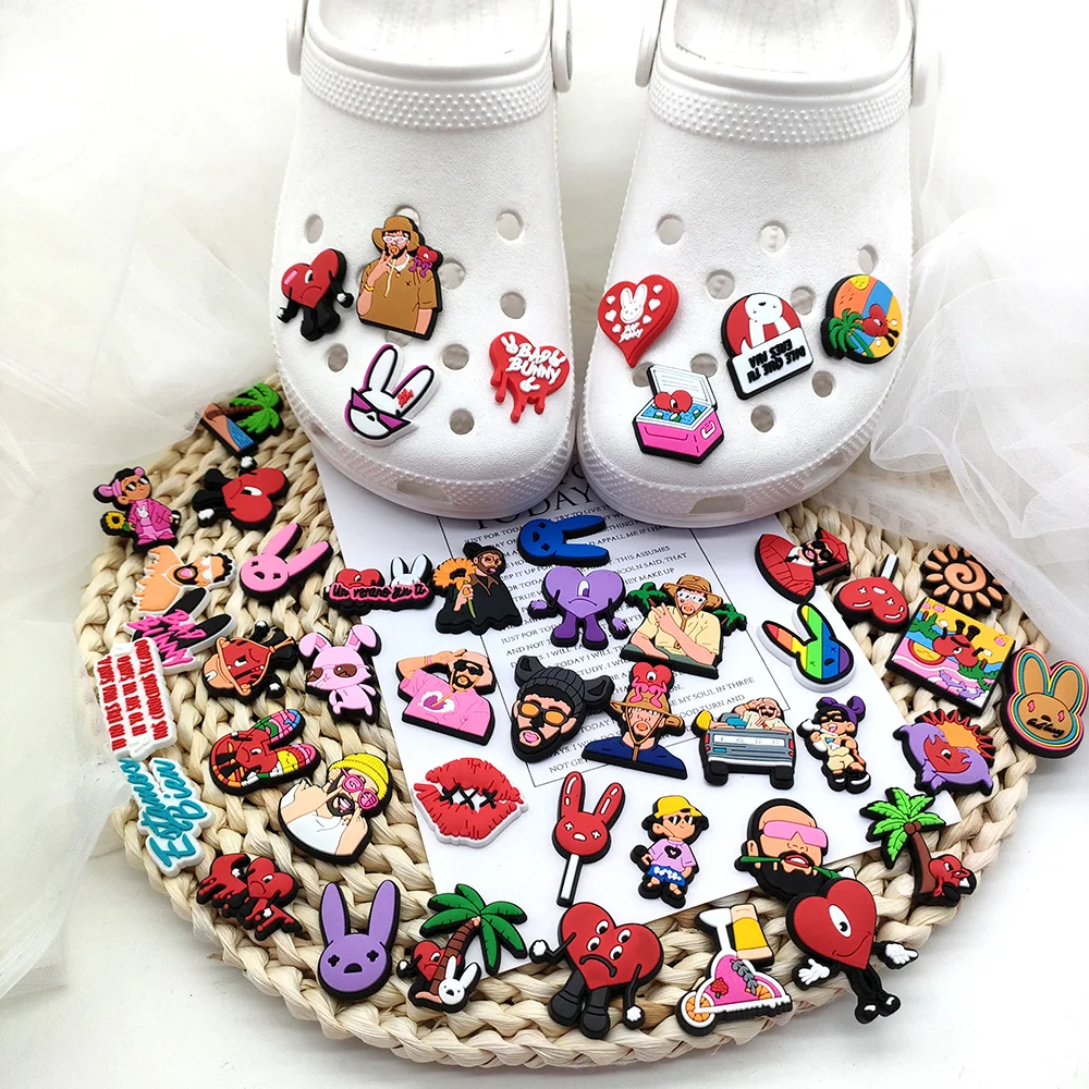 5-48PCS/Set New Arrival Bad Bunny Croc Charms PVC Shoe Decorations Clogs Sandals Wristband Accessories Jibz Holiday Party Gifts