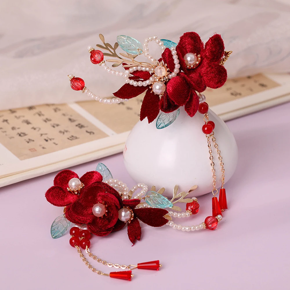 

1 Pair Flower Decor Hair Clip with Dangle Chinese Hanfu Headdress Flat Side Pin Beaded Handmade Cloth Flowers LL@17