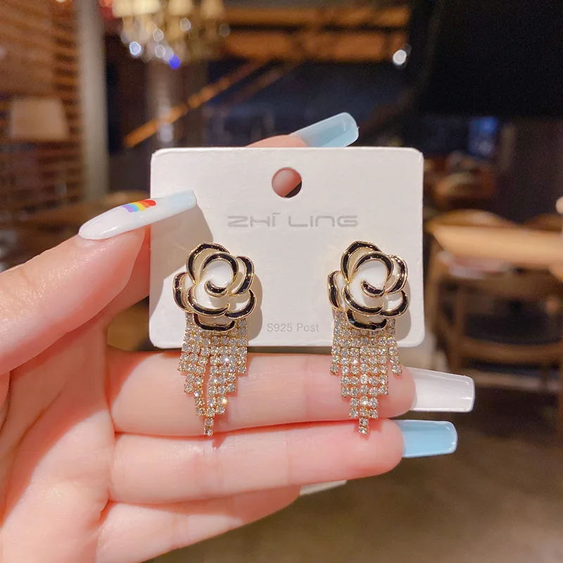 

S925 Silver needle stereo camellia Earrings studs Fashion long floral tassel earrings Fashion lady earrings