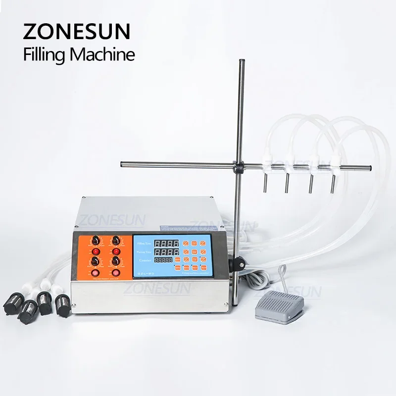 ZONESUN ZS-YTDP4 Полуавтоматическая машина для розлива жидкостей с 4 головками, электрическим цифровым управлением и насосом для воды, соков, масла в бутылки и банки (art.: 3920dc308d9da) - 3920dc308d9da