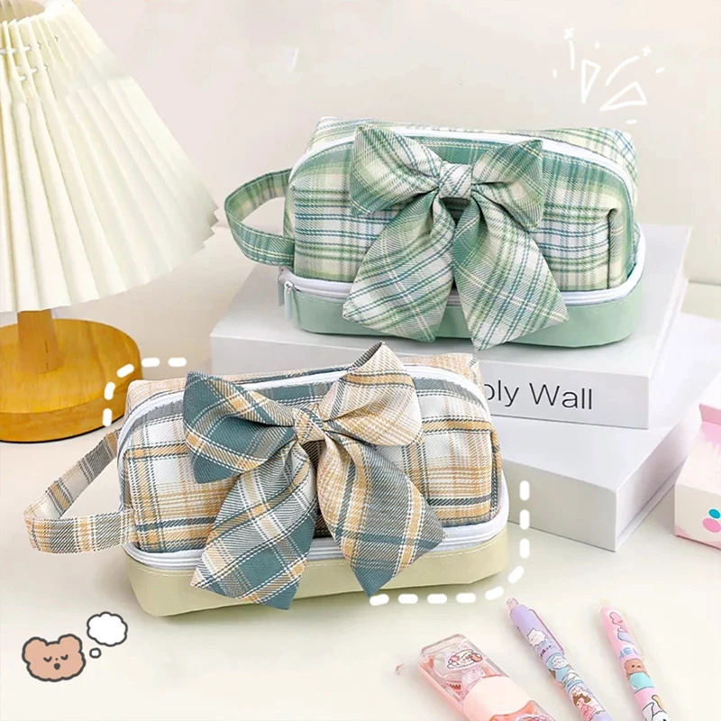 

Симпатичный тканевый чехол для школьного карандаша с полосатым рисунком и бантом, милый чехол из искусственной кожи, чехол для больших кара...