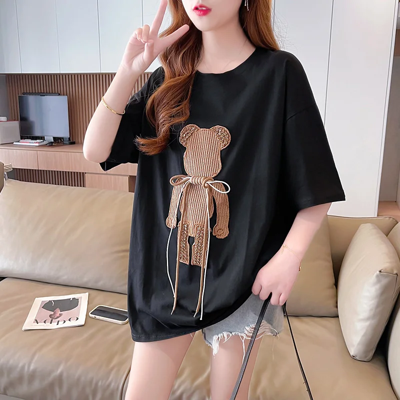 

#4332 Black White Streetwear Tee Hip Hop T Shirt Women Loose Embroidery Cartoon Patchwork Women's T-shirt Cotton Summer