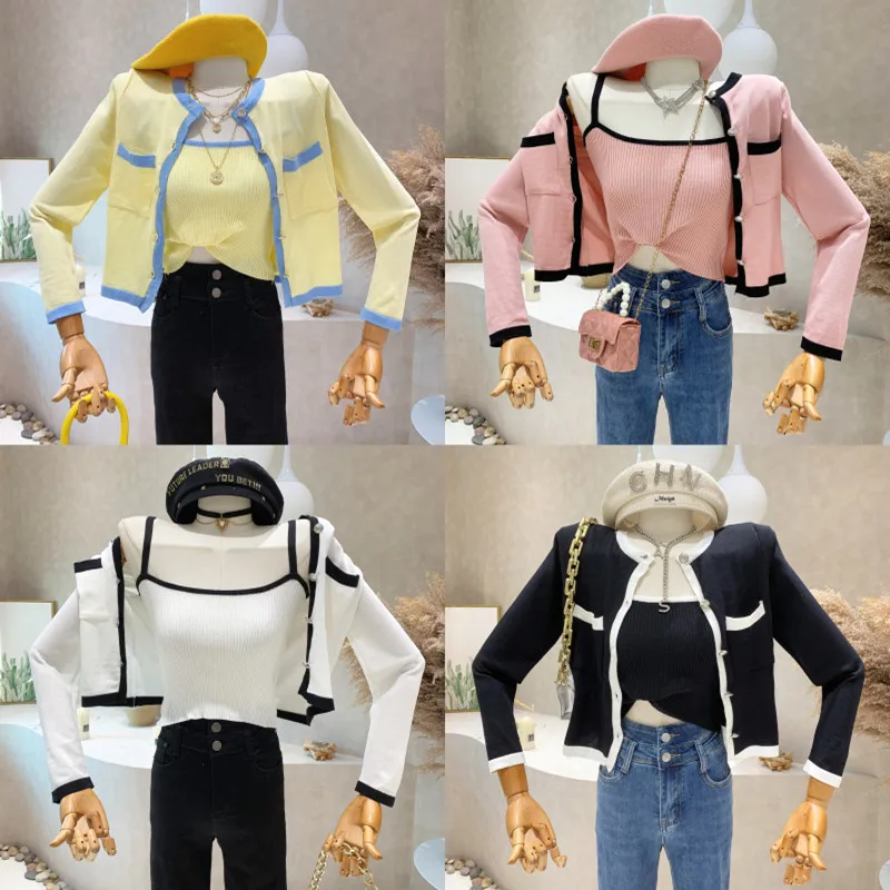 

New Women's Clothing 2022 Autumn Sexy wrapped suspender Vest top + long sleeved knit cardigan sweater coat two-piece set