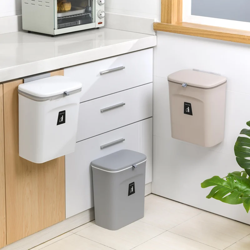 

7L / 9L Wall Mounted Trash Can Bin with Lid Waste Bin Kitchen Cabinet Door Hanging Trash Bin Garbage Car Recycle Dustbin Rubbish