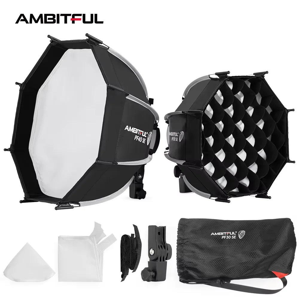 Фото Ambitful PF30/PF40 30см/40см Мини-софтбокс-осьмигранник для вспышки + сотовая сетка для Godox, портативный, для использования на улице №1