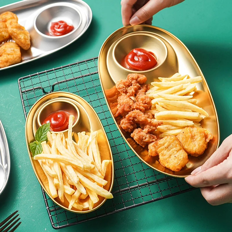 

Stainless Steel Oval Plate With Sauce Plate Snack Plate Divided Grid Plate Fries Fried Chicken Plate Restaurant Tray