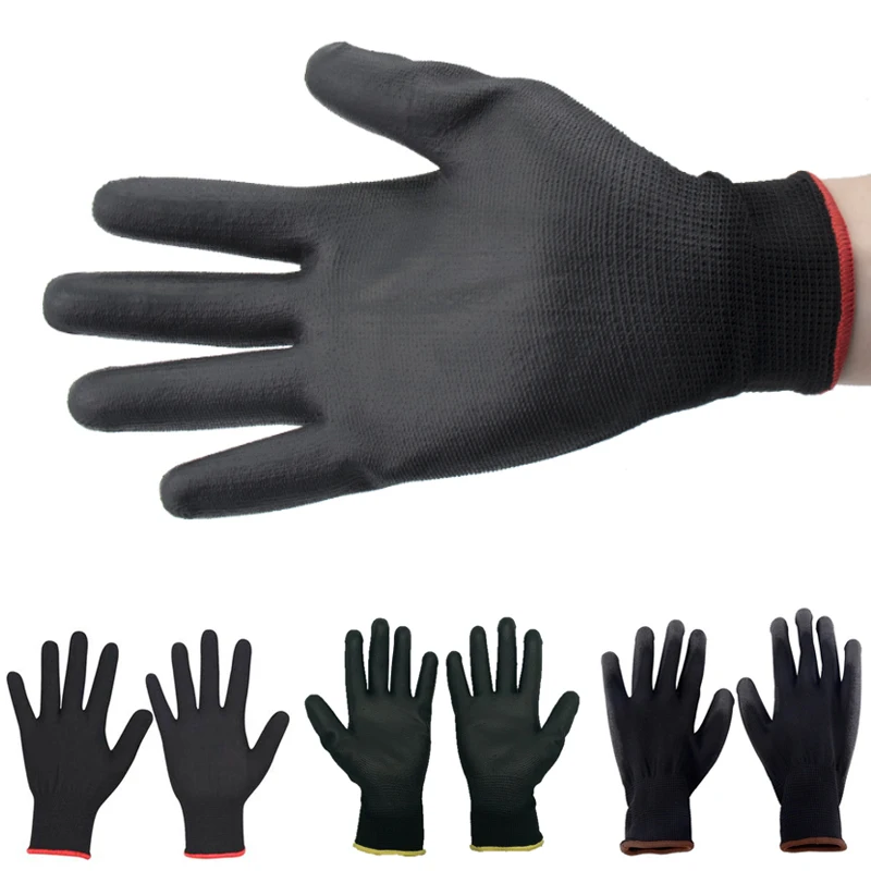 

12 Pairs Palm Coated Gloves PU Nitrile Safety Coating Nylon Cotton Work Gloves Non-Slip Mechanic Working Gloves