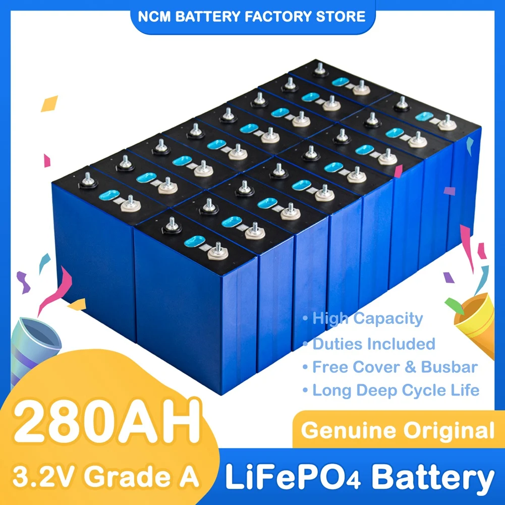 

16PCS Lifepo4 Battery 3.2V 280Ah Cell Rechargeable Lithium Iron Phosphate Batteries for 12V 24V 48V Solar RV EV Golf Cart Boat