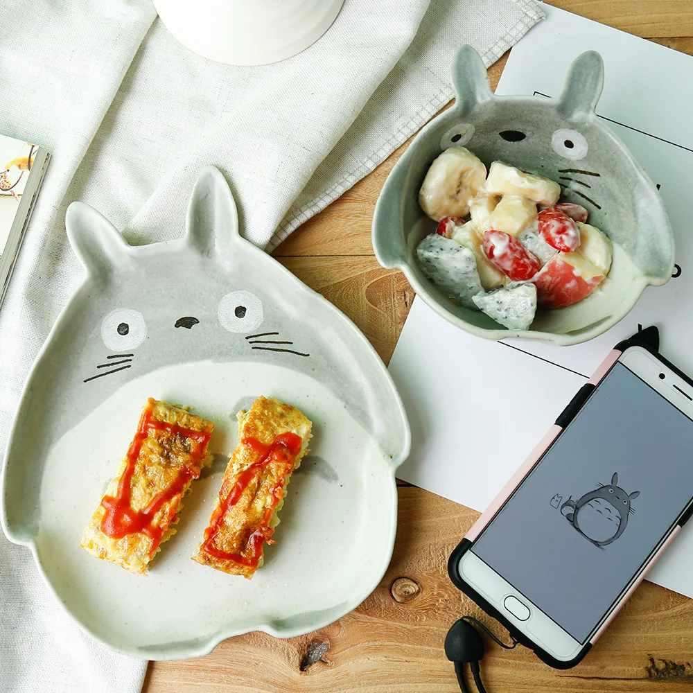 

Japanese Cute Ceramic Bowl Cartoon Porcelain Tableware Fruit Salad Bowl Totoro Pattern Bowl Microwave Tableware Cup Spoon