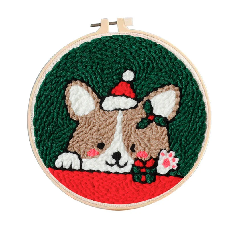 

Merry Christmas Corgi Dog Punch Needle Kit Poke Embroidery Wool Yarn Pattern Christmas Home DIY Craft Kits For Women Wholesales