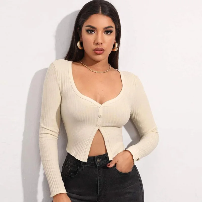 New Women Sexy Tops Streetwear V-neck Long Sleeve Knitted Shirts Female Button Blouses Exposed Navel Crop Top Blusas Mujer Black
