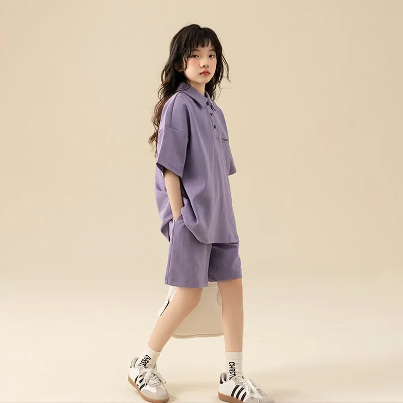 Летний детский комплект ZOETOP для девочек корейский стиль рубашка-поло и шорты