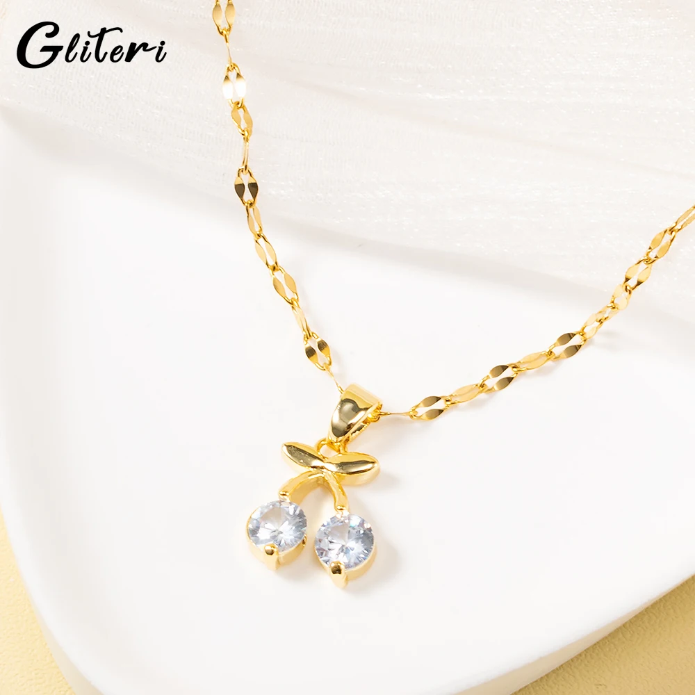 

GEITERI Cute Crystal Cherry Pendant Necklaces Female Gold Color Chain Zircon Fruit Collier Women Jewelry Bijoux Birtdhay Gifts