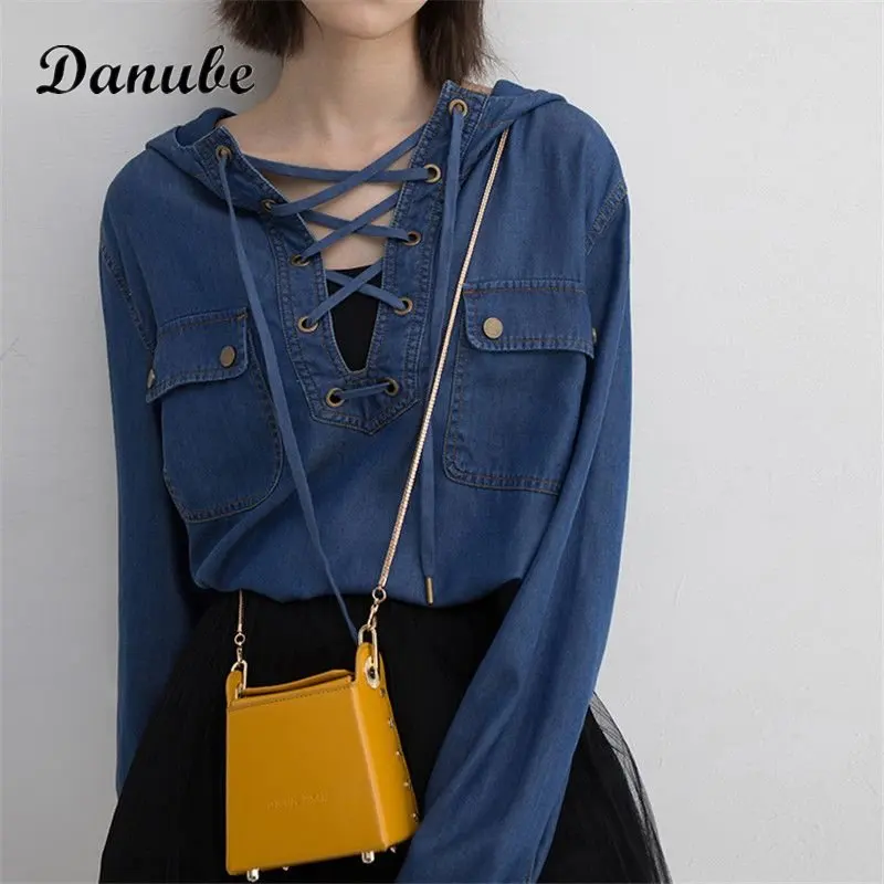 

Vintage Lace Up Denim Sweatshirt Women Korean Sexy V-neck Long Sleeve Casual Hoodie Autumn Streetwear Harajuku Loose Female Tops