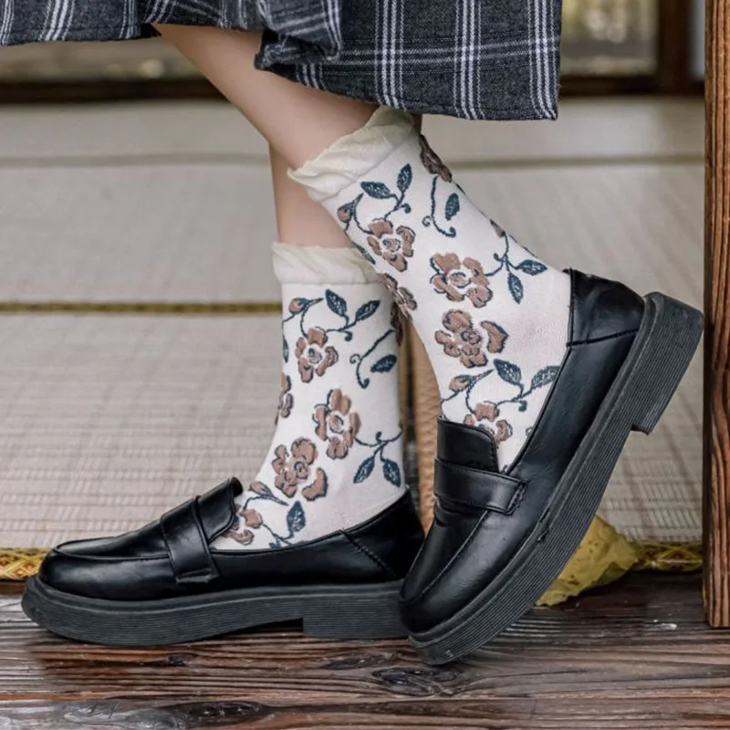 5 Pairs Lolita Fashion Frilly Socks Woman Vintage Print Long Winter Socks Cotton Cute Korean Style Women Socks Calcetines Mujer