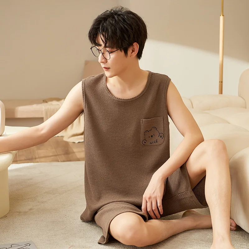 Hot Summer Style New Men Pajama Sets Cotton Breathable Soft Home Lounge Causual Sleevess Shirt Male Sleepwear