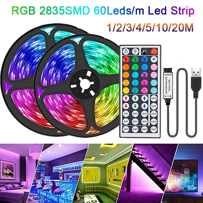 

10M/20M/ LED Strip Light for Room Decor 2835SMD TV Backlight Tape Diode Ribbon Flexible 44Key Remote Led Lights 1M/3M/5M