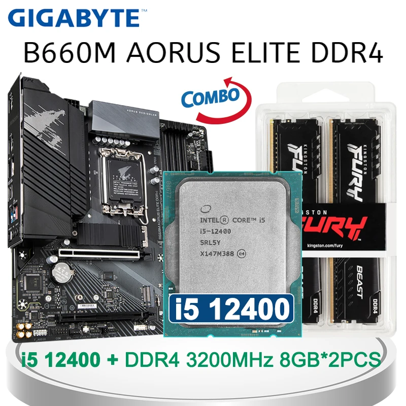 

LGA1700 Gigabyte B660M AORUS ELITE DDR4 Motherboard Combo +Intel Core i5 12400F+ Kingston Fury Beast 3200 8GB*2PCS New Mainboard
