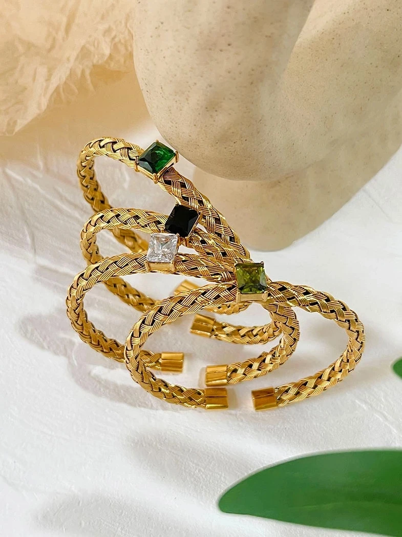 Незамкнутый Плетеный Браслет-манжета Peri'sbox с квадратным драгоценным камнем из