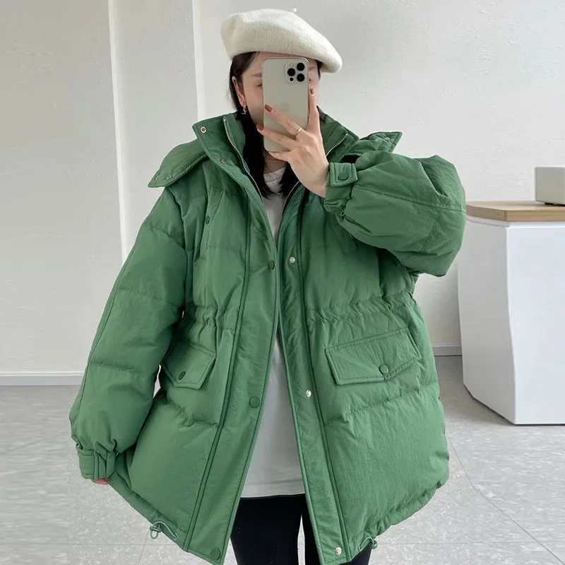Winter Down Jacket Women's Medium Long Loose Thick Cotton Clothing New White Eiderdown Hooded Waist Jacket Match Everything