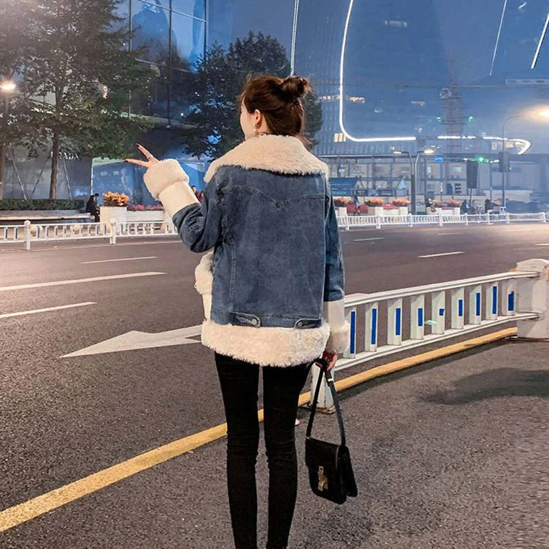 Женская джинсовая куртка из овечьей шерсти джинсовое пальто длинное свободное