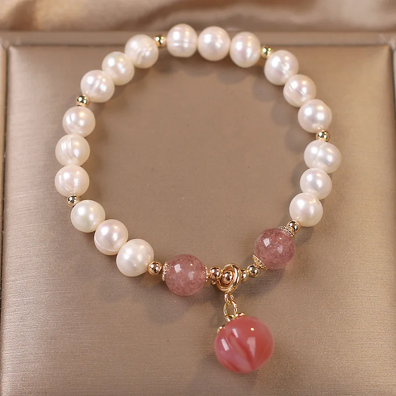 

Korean Style Strawberry Crystal Bracelet Single Ring Fashion Women's Honey Peach Agate Pearl Jewelry Wholesale Drop Shipping