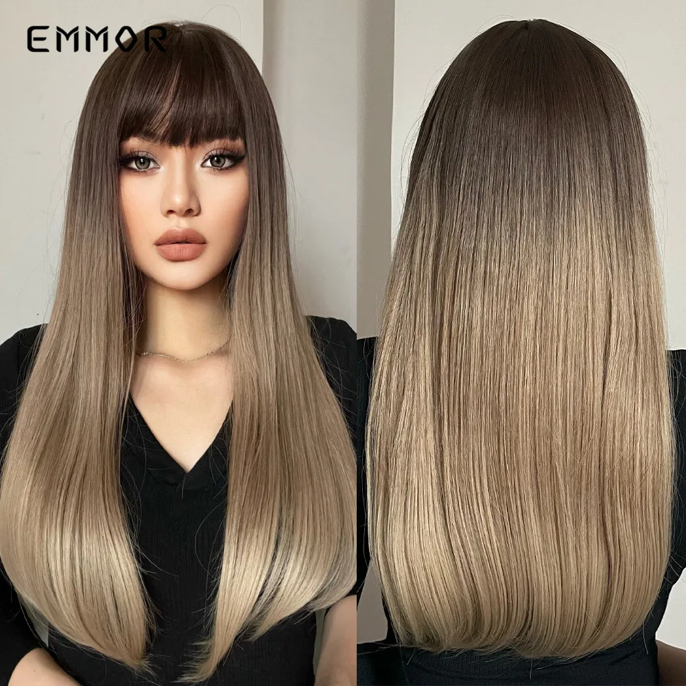 

Emmor Synthetic Black Blonde Straight Wig With Bangs Lolita Hair Wigs Cosplay Natural Heat Resistant Wigs for Women Daily Wigs